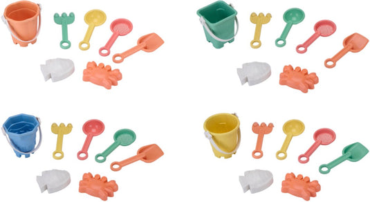 Eddy toys strandemmer set 7 stuks - strand speelgoed met emmer schep hark zeef en vormpjes - strand speelset voor kinderen - 1 willekeurige variant