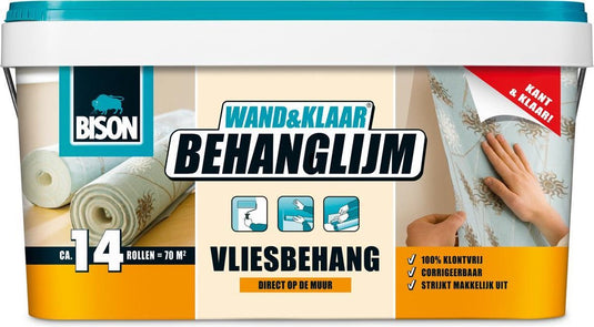 Bison wand klaar® behanglijm vliesbehang emmer 10 kg, kant en klaar, eenvoudig aanbrengen, corrigeerbaar, goede hechting, voor alle soorten behang met een vliesrug
