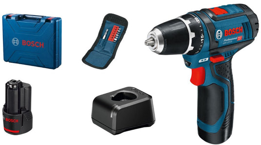 Bosch professional gsr 12v-15 schroefmachine - met 2x 12v accu's en lader - incl. koffer en bitset