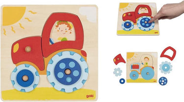Goki steekpuzzel - traktor - 6 delen - 20x20x2,5cm - hout - 1 jaar