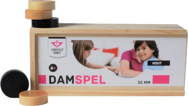 Engelhart damstenen van essenhout – 30 mm – zwart naturel – inclusief houten kistje met schuifdeksel – dammen set –