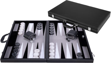 Engelhart backgammon 21 inch - grijs, zwart wit ingelegd bord - luxe zwarte koffer met handvat -