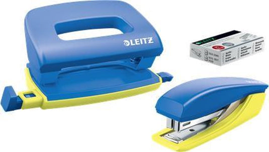 Leitz mini nietmachine + perforator - niet tot 10 vel - voor mappen en ringbanden - inclusief nietjes - ideaal voor school of studie - blauw geel