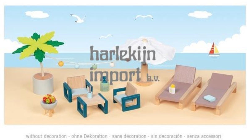 Load image into Gallery viewer, Goki poppenhuismeubeltjes: outdoor meubelset mallorca, 17-delig, ligbed 13x6x2,2cm, hout en tekstiel, 3+
