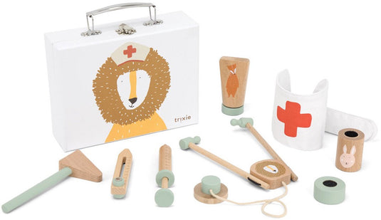 Trixie houten speelgoed - doktersset - dokterstas met 8 accessoires - dokter speelgoedkoffer - vanaf 3 jaar - voor jongens en meisjes