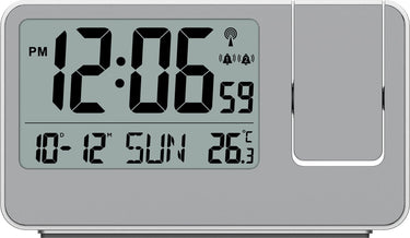 Technoline wt 534 - wekker - projectiewekker (180°) - digitaal - rechthoek - radiogestuurde tijdsaanduiding - 12 24h - datumaanduiding - binnentemperatuur - 12 24 - 2 alarmen - snooze - kunststof - cijfers - zilverkleurig