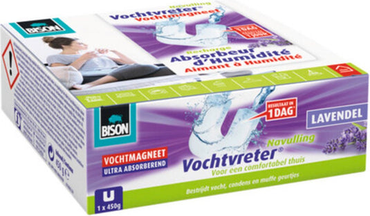 Bison vochtvreter® navul vochtmagneet 450g - lavendelgeur navulling voor vochtvreter apparaat, bestrijd hoge luchtvochtigheid in woonruimtes, geen batterij nodig, ook geschikt voor caravans en campers