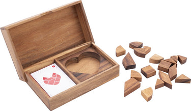 Longfield double tangram heart – houten puzzelspel – educatief denkspel – tangram hartvorm – logische hersenkraker – engelhart