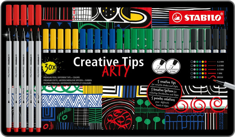 Afbeelding laden in galerijviewer, Stabilo creative tips arty pennen klassieke kleuren in metalen etui - 30dlg.
