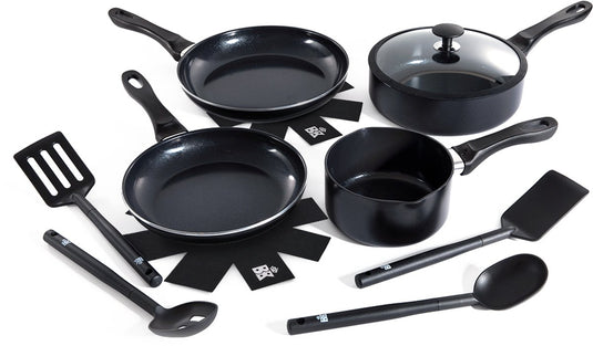 Bk vivid keramische antiaanbak pannenset 11 delig - ø16-28cm - inductie koekenpan - inductie hapjespan - inductie steelpan - pfas-vrij – ovenbestendig tot 160°c – vaatwasserbestendig – snelle opwarming – koudgrepen - zwart