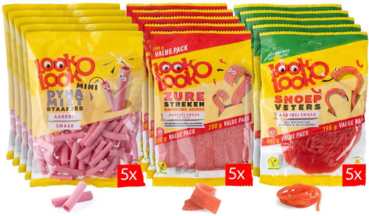 Look-o-look look o look combidoos - snoep - mix van zure streken aardbei, snoepveters aardbei dynamietstaafjes aardbei - 1x15st