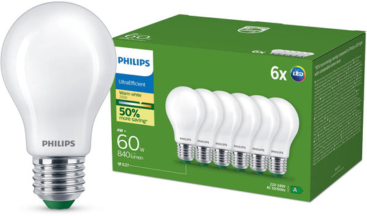 Philips led philips ultraefficient led lamp mat - 60w - e27 fitting - warmwit licht; 2700k - ultra efficiënt: energielabel a - 6-pack