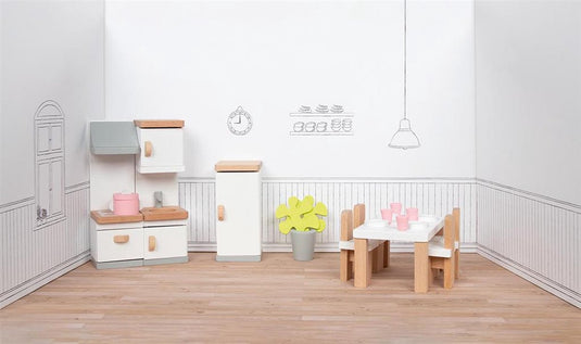Goki poppenhuismeubeltjes: design keuken, 20-delig, 10x6,5x5cm (tafel), beukenhout en stof, 3+