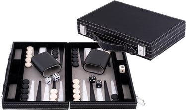 Longfield backgammon 11 inch - grijs, zwart wit gestikt bord - kunstlederen koffer met handvat - engelhart