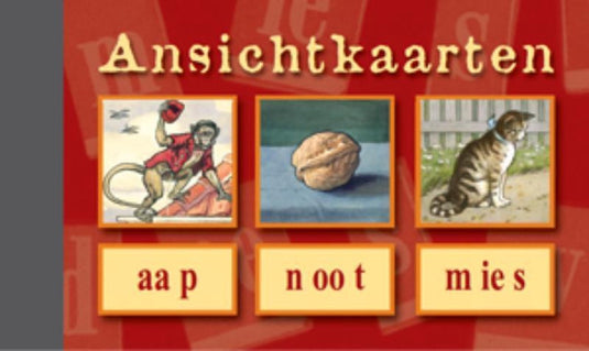 Ansichtkaarten, aap - noot - mies