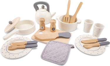Woet ® houten servies en pannenset voor kinderen - 20-delige speelset met pannetjes, servies en bestek - speelgoedkeuken accessoires voor kinderen - rollenspel keukenspeelgoed - vanaf 2 jaar