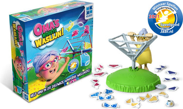 Megableu oma's woeste waslijn - grappig actiespel voor kinderen - vanaf 4 jaar - 2-4 spelers - kinderspel met draaiende waslijn