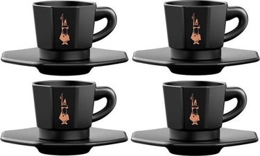 Bialetti octagonal espresso kopjes set – 4 kopjes met schotels – 75 ml – mat zwart porselein met goudkleurige details