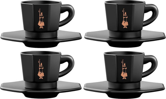Bialetti octagonal espresso kopjes set – 4 kopjes met schotels – 75 ml – mat zwart porselein met goudkleurige details