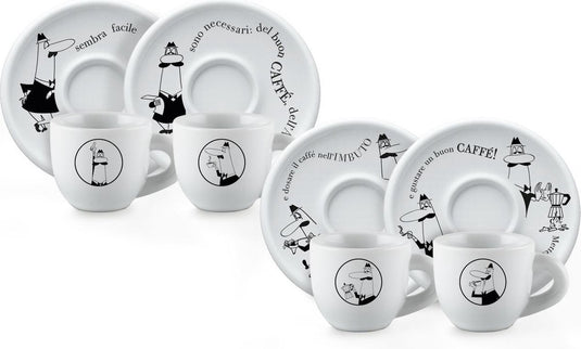 Bialetti koffiekopjes met schotels – set van 4 – porselein – wit – origineel italiaans design