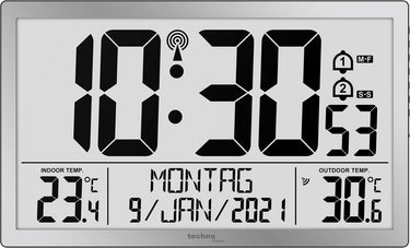 Technoline ws 8113 - wandklok - digitaal - rechthoek - radiogestuurde tijdsaanduiding en handmatig - 12 24 - datumaanduiding - 7 talen - binnen- en buitentemperatuur - 2 alarms - snooze - kunststof - cijfers - zilverkleurig
