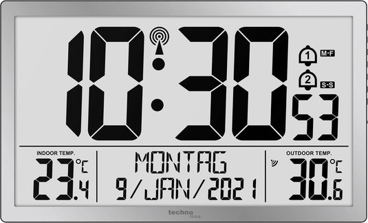 Technoline ws 8113 - wandklok - digitaal - rechthoek - radiogestuurde tijdsaanduiding en handmatig - 12 24 - datumaanduiding - 7 talen - binnen- en buitentemperatuur - 2 alarms - snooze - kunststof - cijfers - zilverkleurig