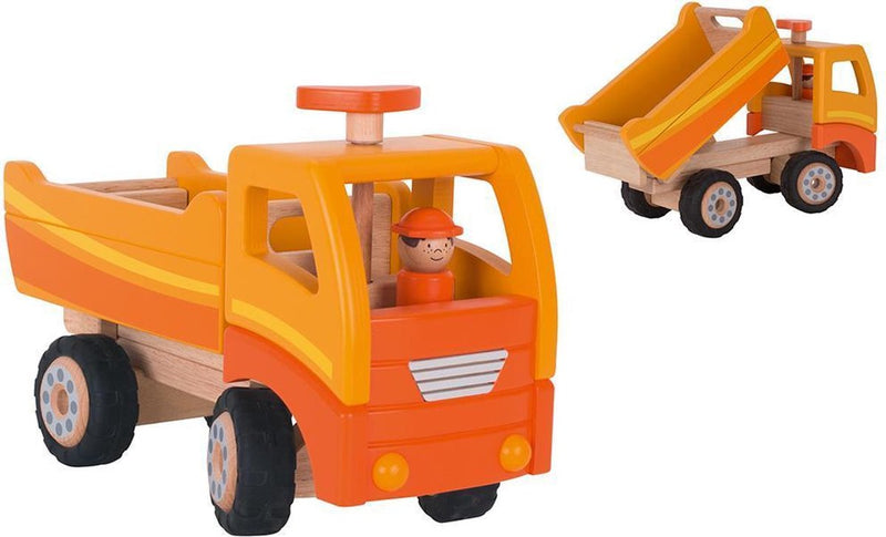Load image into Gallery viewer, Goki houten kiepwagen oranje met draaibare wielen
