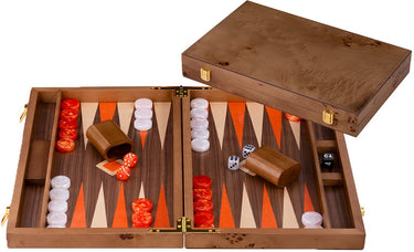 Engelhart backgammon 18 inch – ingelegd walnoot hout – luxe koffer van walnoot – strategisch bordspel reisspel – longfield games