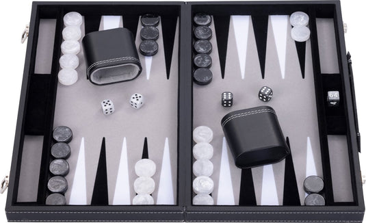 Engelhart backgammon 18 inch - grijs, zwart wit ingelegd bord - luxe zwarte koffer met handvat -