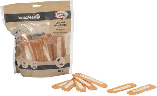 Beeztees hondensnack kipfilet strips met vis - beloningssnack - voordeelverpakking - 900 gr