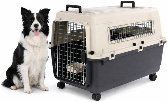 Flamingo reisbench hond – autobench – transportbox hond – fomad donkergrijs l (57x80x59,5 cm) – kunststof – met metalen deur veiligheidsslot – inclusief eet- en drinkpot wielen –