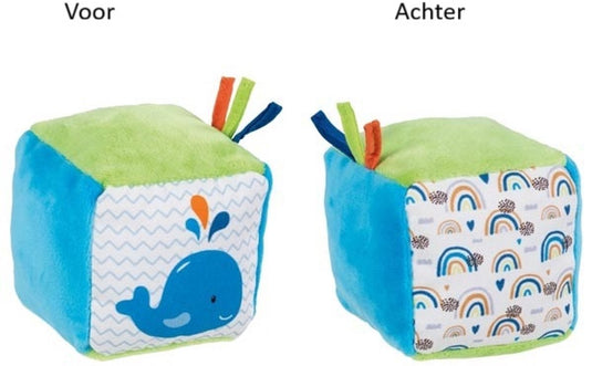 Goki zachte kubus baby speelgoed met walvis en knisperfolie.