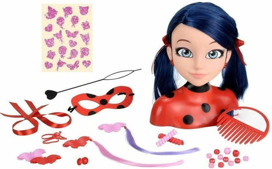 Bandai - miraculous ladybug - miraculous deluxe styling head 21cm - ladybug styling head + 30 accessoires, clips, linten, sieraden - miraculous officieel gelicenseerd - kinderspeelgoed 4 jaar en + - p50247