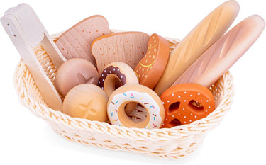Woet ® houten broodmandje speelset - diverse broodjes gebak in mandje met tang - rollenspel bakkerswinkel - speelgoedkeuken accessoires voor kinderen - vanaf 2 jaar