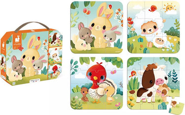 Janod - kartonnen puzzel - 4 boerderij puzzels 6, 9, 12 en 16 stukjes