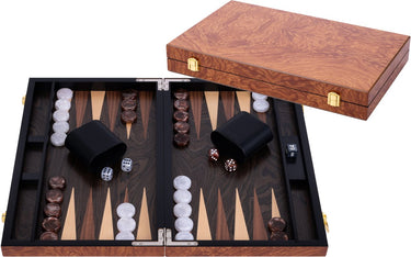 Longfield backgammon 15 inch - elzenhout ingelegd bord - luxe houten koffer - natuurlijke afwerking - engelhart