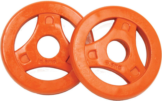 Tunturi aerobic halterschijven - halter gewichten - 2x 0.5 kg - 30mm - oranje - incl. gratis fitness app