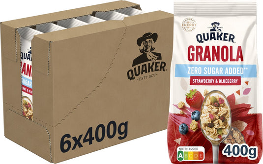 Quaker granola zero sugar added strawberry blueberry - ontbijtgranen - 6 x 400 gram