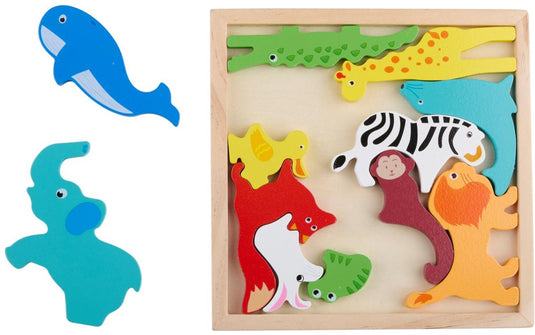 Marionette houten dierenpuzzel met puzzelbord - 12 stuks - kinderpuzzel met dieren figuren - houten puzzel speelgoed voor kinderen - animal puzzle met houten frame