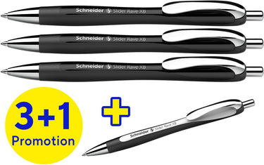 Schneider schrijfwaren schneider balpen - slider rave trend - penpunt xb - assorti doos 3 + 1 gratis - s-132584