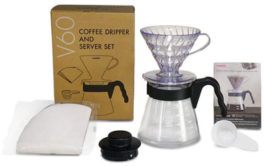 Hario v60 set (inclusief dripper (kunststof), server (glas), filters en maatschepje)