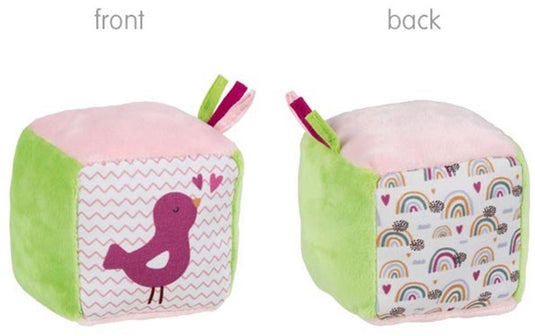 Goki zachte kubus baby speelgoed met knisperfolie en bel vogel.