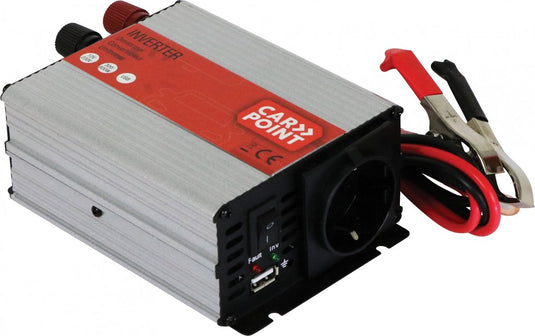 Carpoint omvormer - 12v>230v - continu vermogen 600w - piekvermogen 1200 watt – uitgang frans belgisch stopcontact - usb poort om ander apparaat op te laden - aansluiting via accu met accuklemmen – ingebouwde koelventilator - afmeting 150x100x55mm