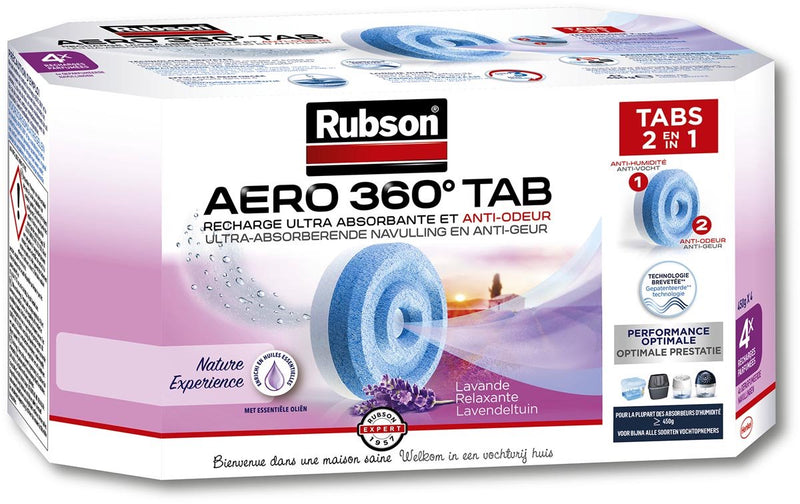 Load image into Gallery viewer, Rubson aero 360 navullingen lavendel 4 stuks | luchtontvochtiger navulling | vochtopnemer navul tabs | kamer ontvochtiger vochtopnemer tabs | badkamer luchtontvochter.
