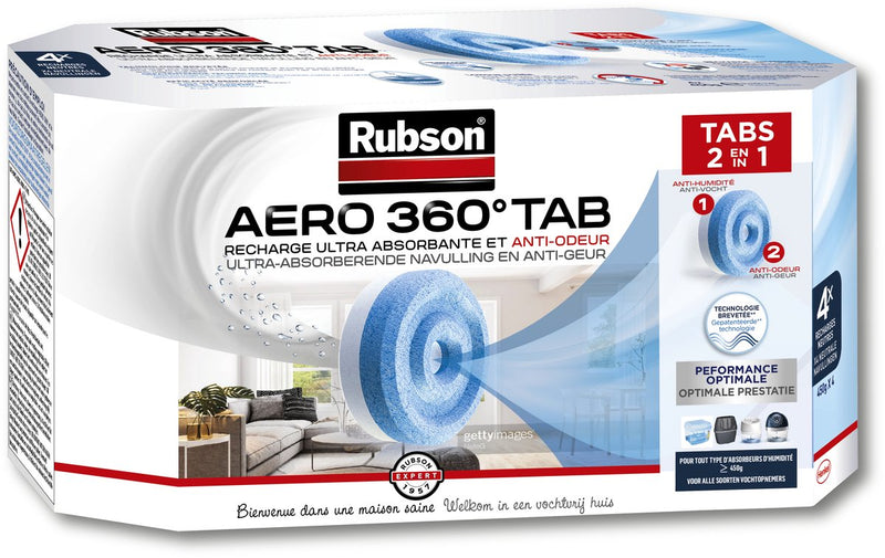 Load image into Gallery viewer, Rubson aero 360 navullingen neutral 4 stuks | vochtvanger luchtontvochtiger navulling | vochtvanger navul tabs | kamer ontvochtiger vochtopnemer tabs.
