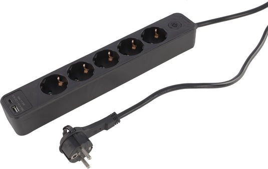Q-link stekkerdoos - 5-voudig - randaarde - met platte stekker - usb a c - 3 x 1.5 mmã‚â² - 1.5 m - zwart