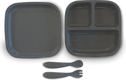 Deryan quuby plate set siliconen bord met lepeltjes - babybord - kinderservies set grijs