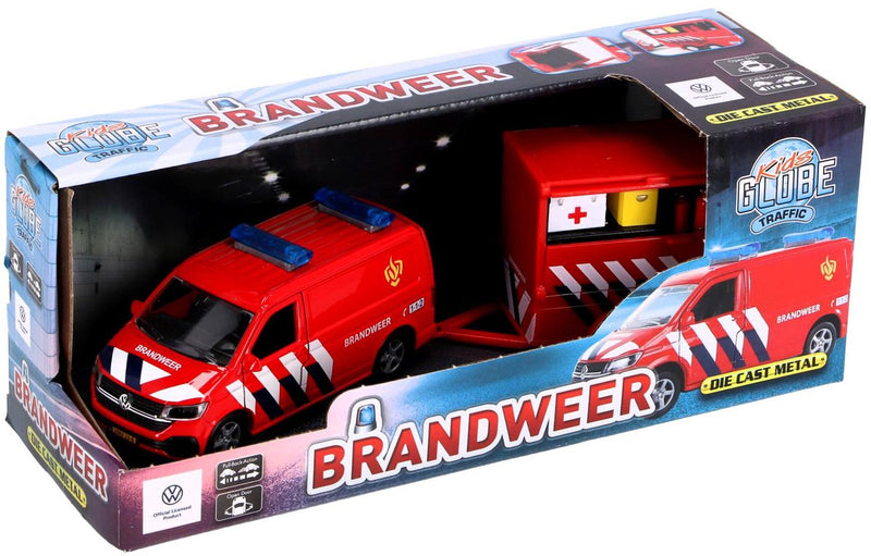 Load image into Gallery viewer, Kids globe vw transporter brandweer met aanhangwagen
