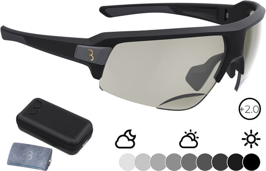 Bbb cycling fietsbril op sterkte impulse reader ph - fietsbril meekleurende glazen - fietsbril heren en dames met fotochromatische glazen op sterkte - sportbril met leesgedeelte +2.0 - mat zwart - bsg-64ph