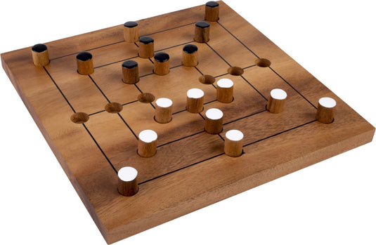 Engelhart nine men morris – houten bordspel – acaciahout – 18 pionnen – groot formaat – strategisch spel -